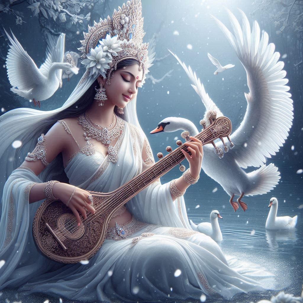 Saraswati Maa playing the Veena with Swans