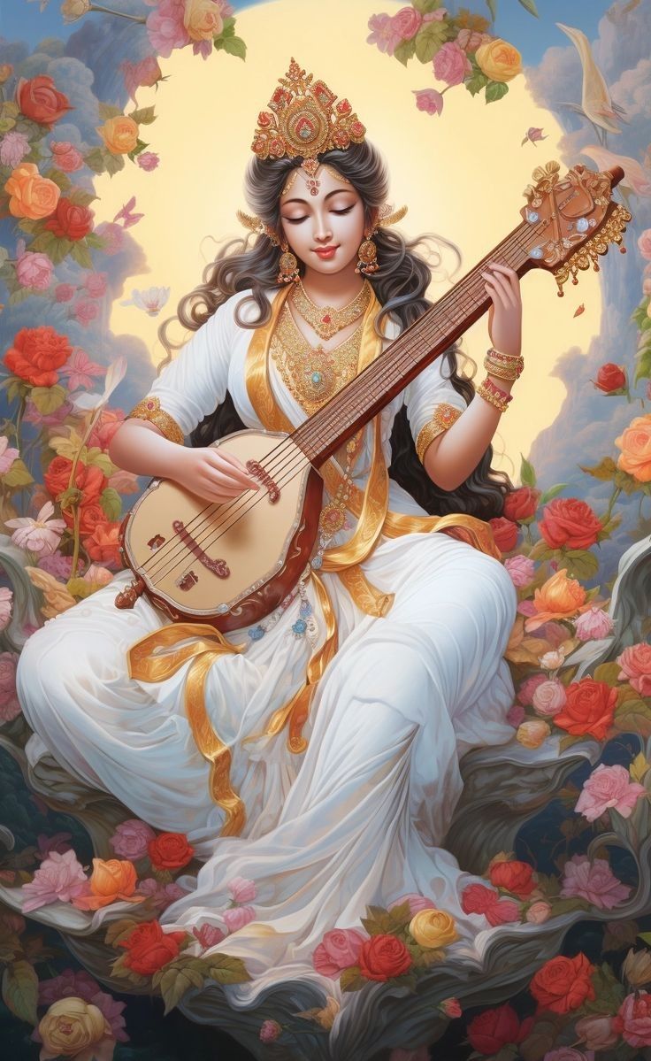 Saraswati Maa playing the veena amidst flowers