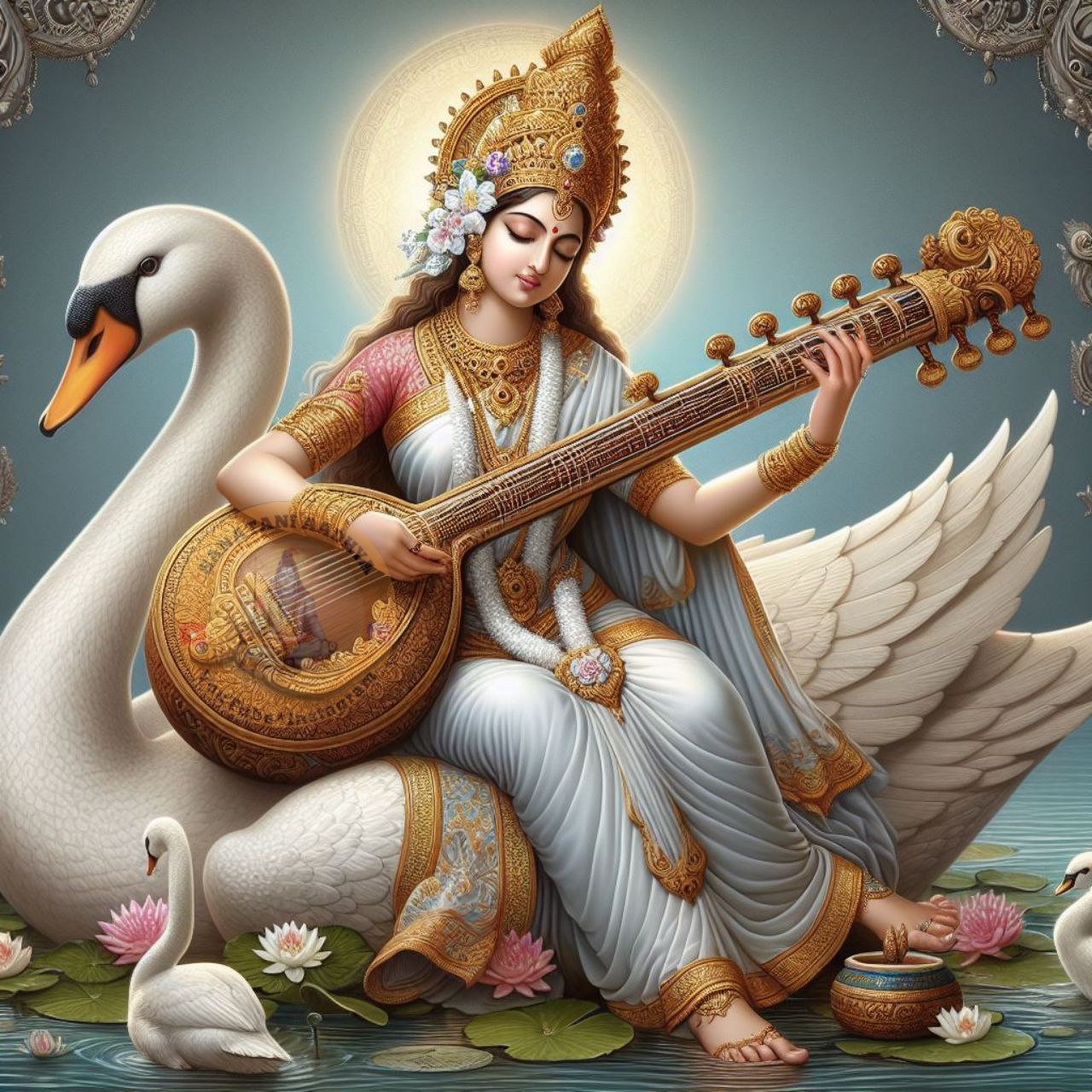 Saraswati Maa playing the Veena with Swans