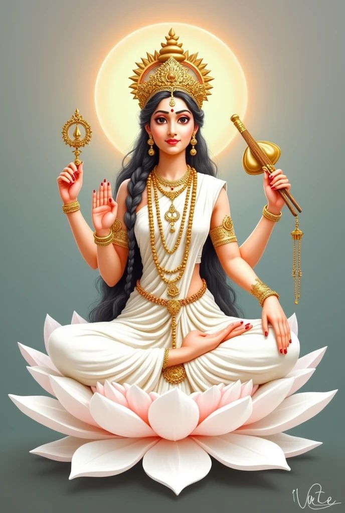 Goddess Saraswati seated on a lotus