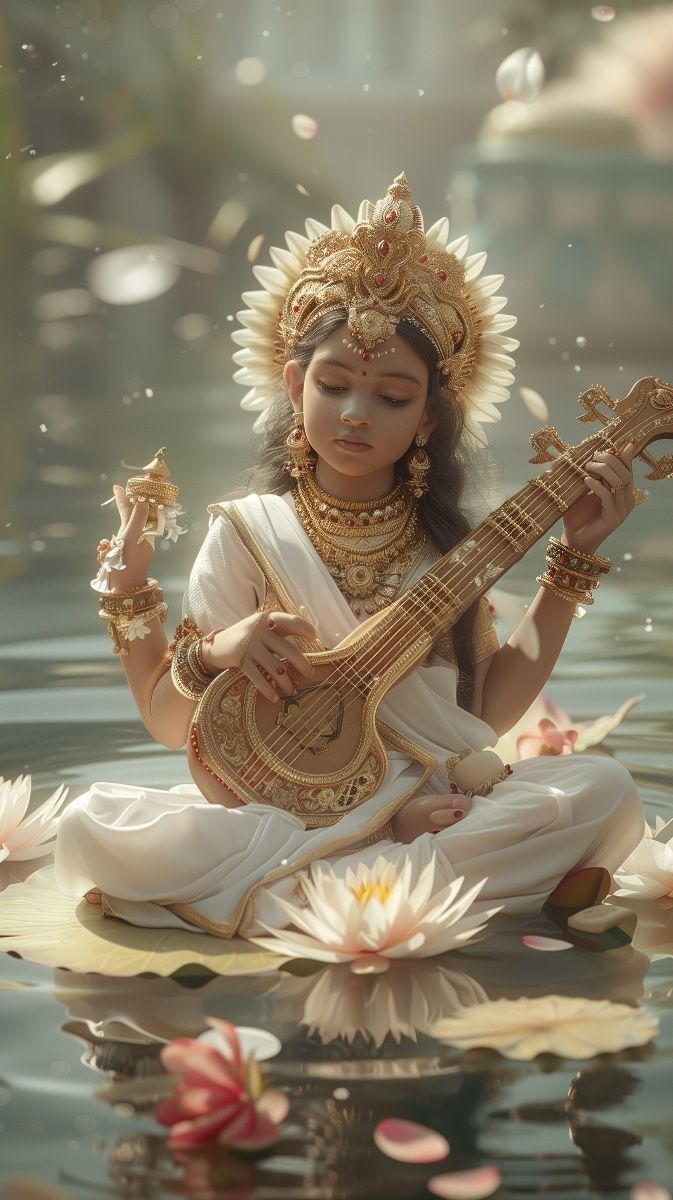 Saraswati Maa playing the veena surrounded by lotuses