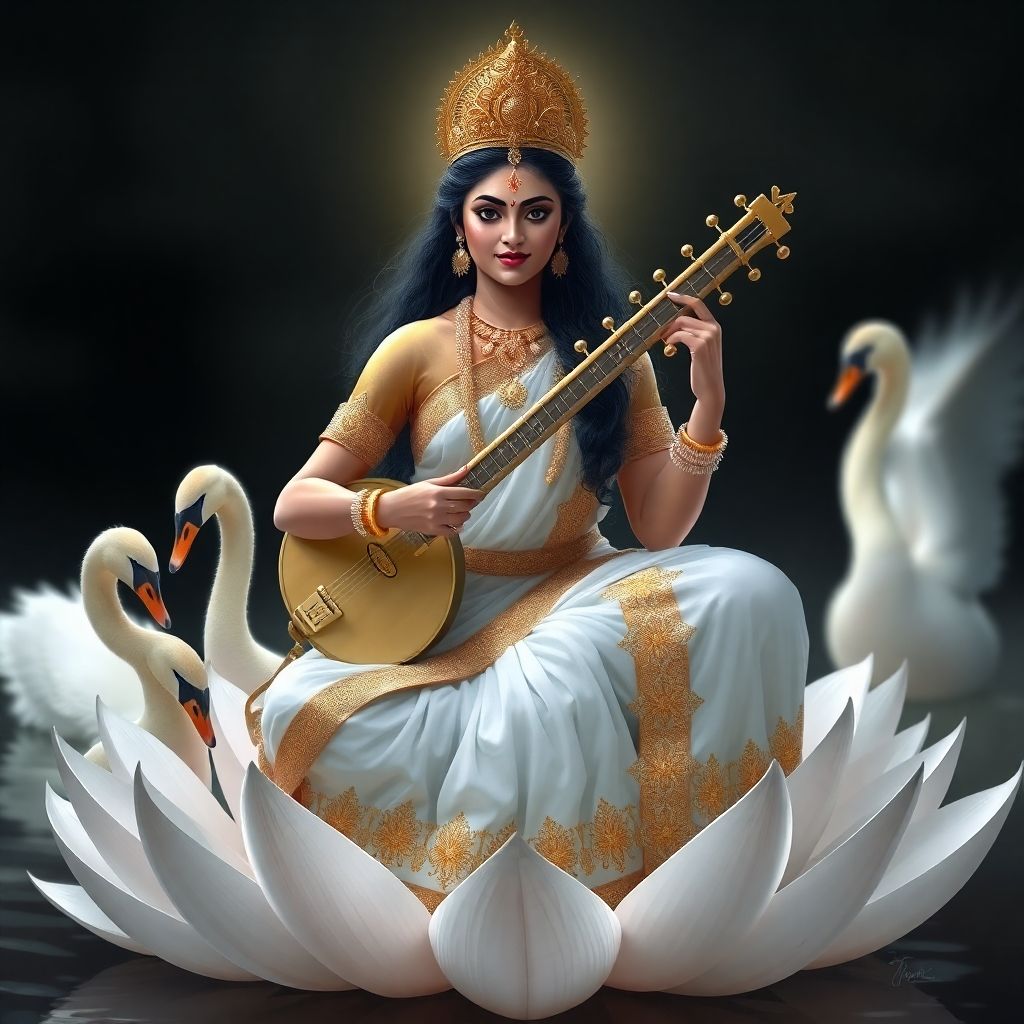 Saraswati Maa playing the Veena with swans