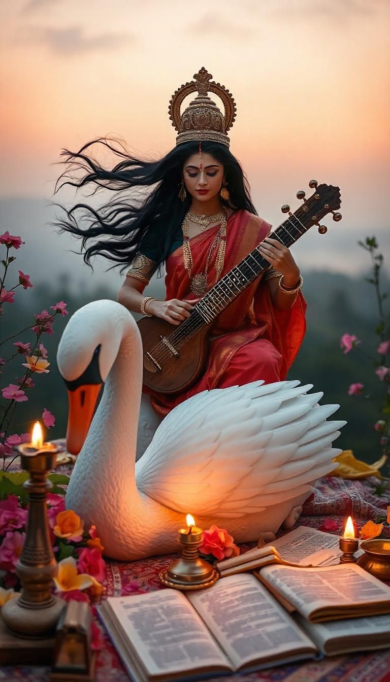 Goddess Saraswati with veena and swan