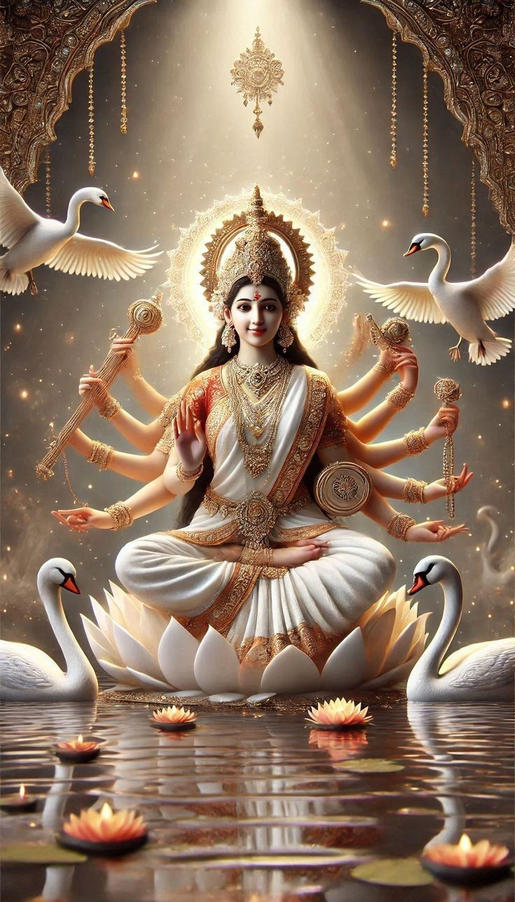 Goddess Saraswati with veena and swans