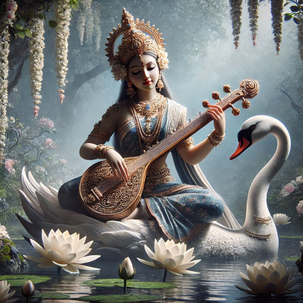Saraswati Maa playing the Veena with Swan