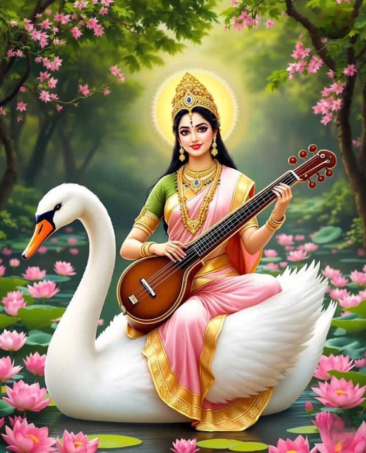 Saraswati Maa playing veena on swan