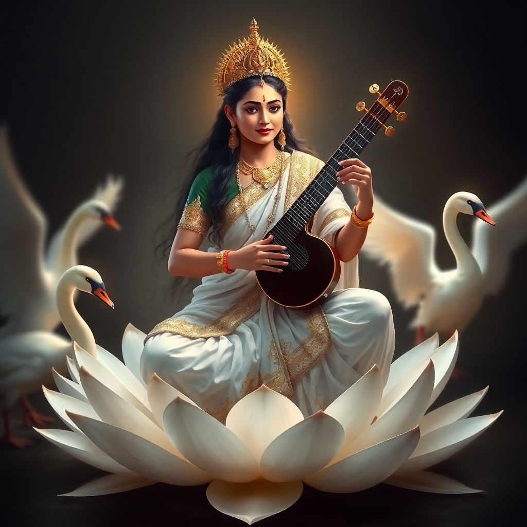 Saraswati Maa with veena and swans