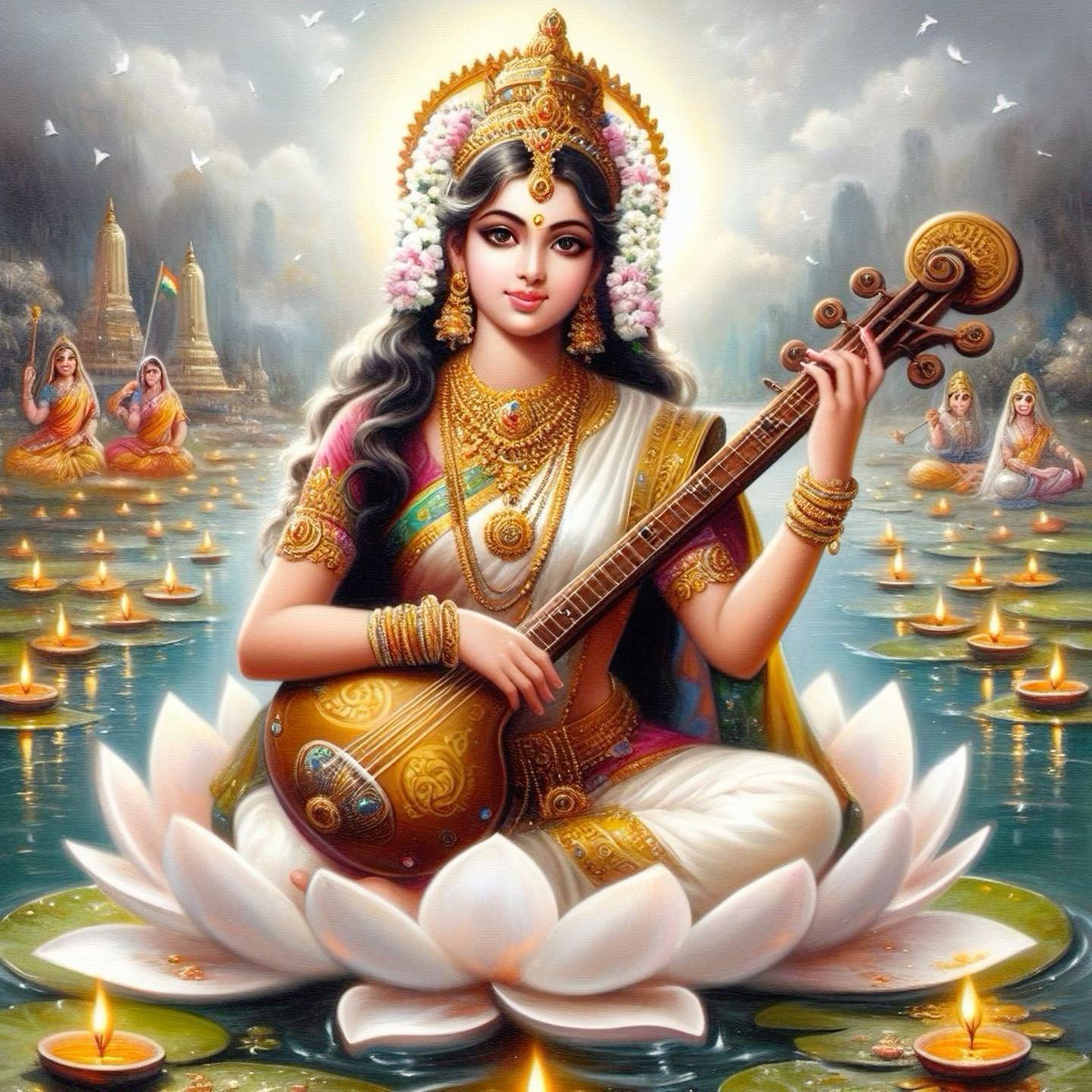 Saraswati Maa playing the veena on lotus