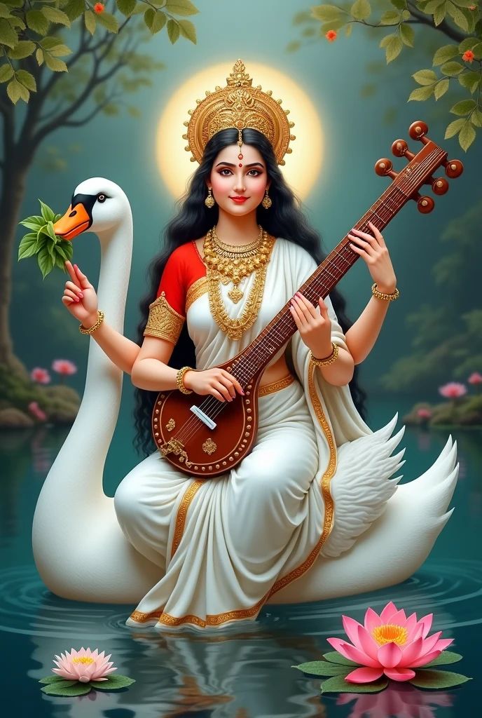 Saraswati Maa playing the Veena on Swan