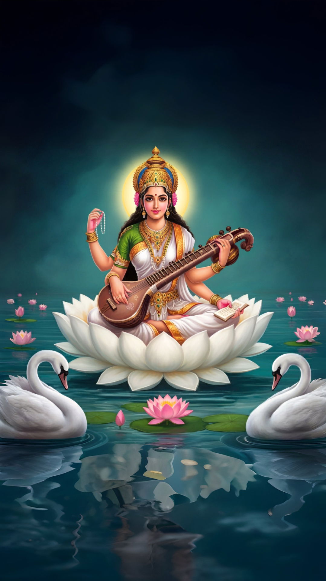 Saraswati Maa playing the veena on lotus.