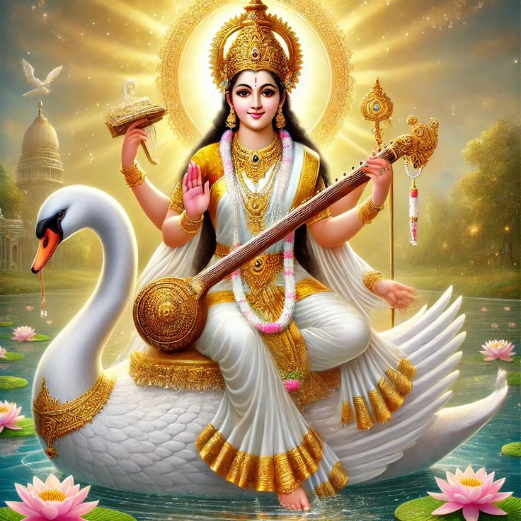 Saraswati Maa playing the veena on swan