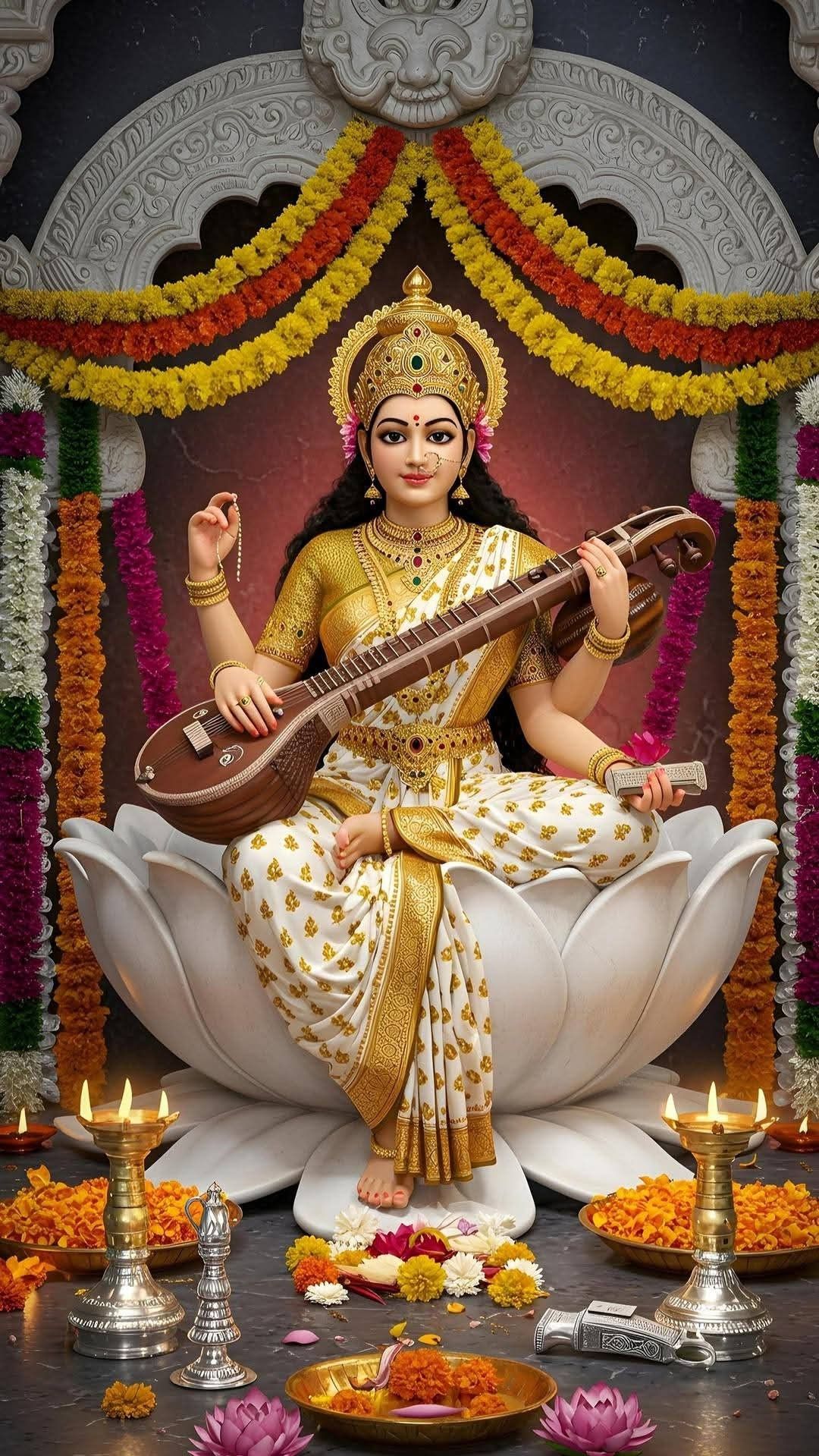 Goddess Saraswati plays the Veena