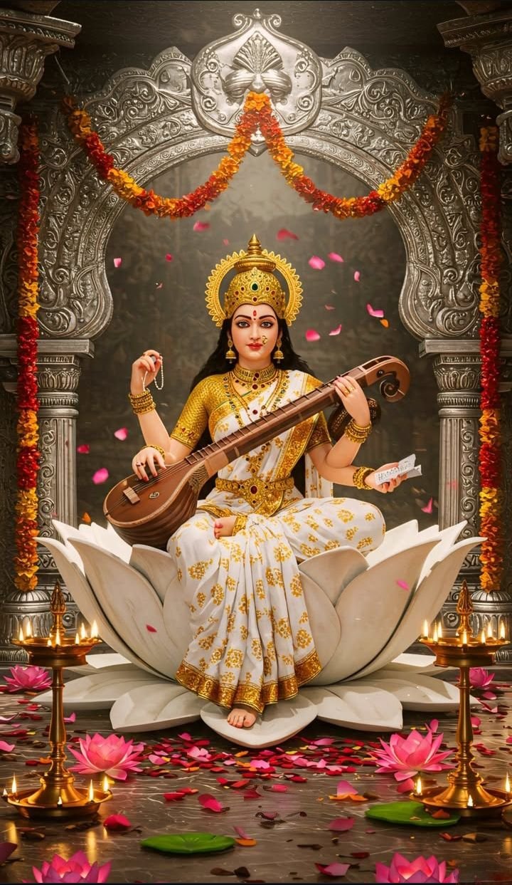 Saraswati Maa playing veena in lotus