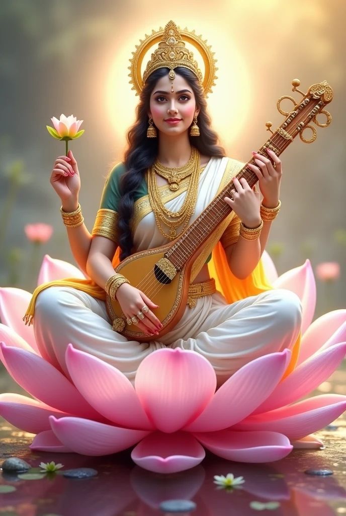 Saraswati Maa playing the veena on lotus