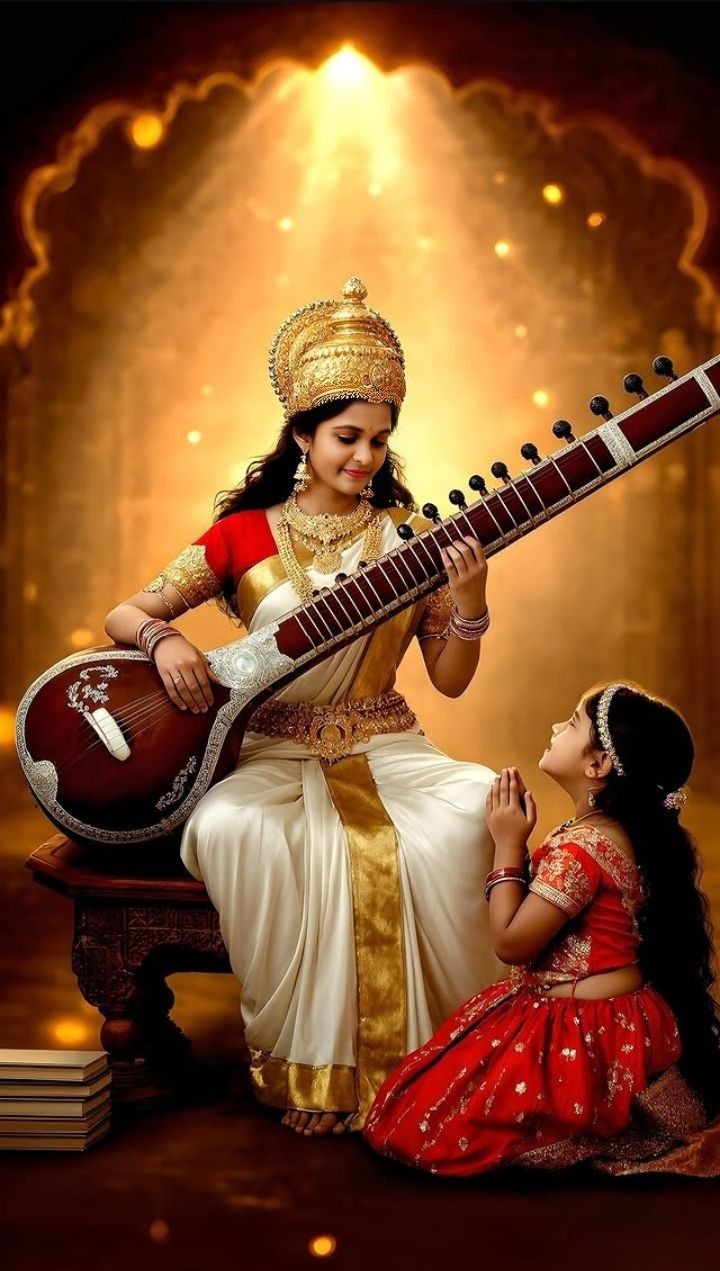 Saraswati Maa playing the Veena with devotee