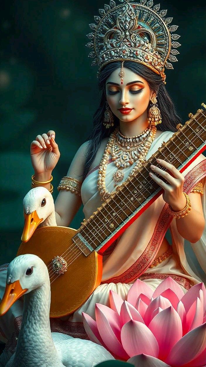 Saraswati Maa playing the veena with swans