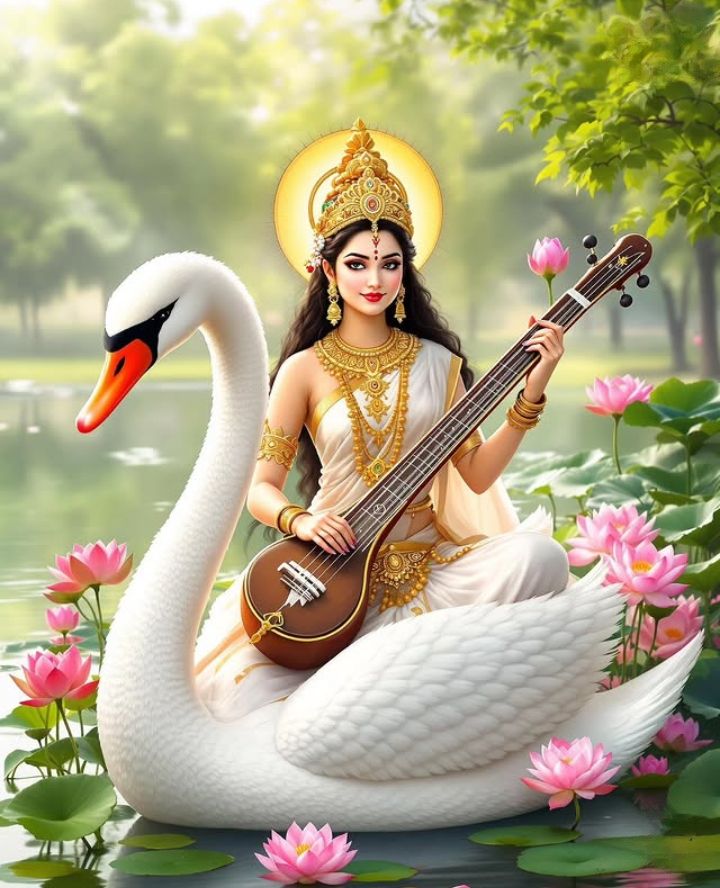 Saraswati Maa playing the veena on swan