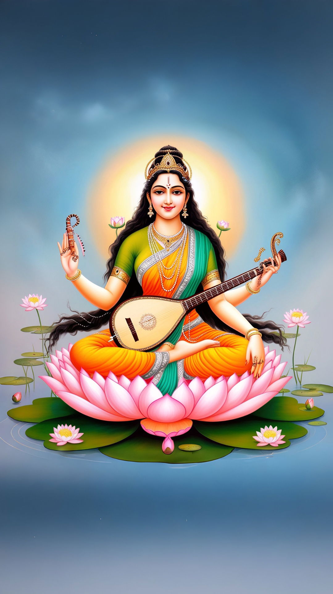Saraswati Maa playing the veena on lotus
