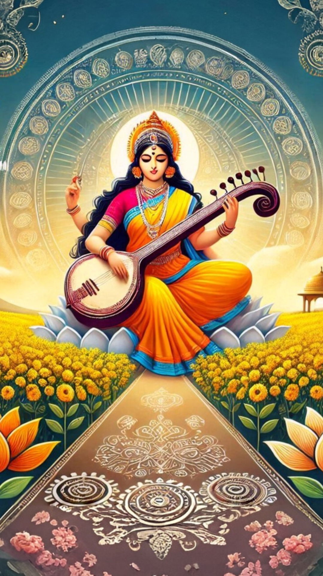 Saraswati Maa playing the veena on lotus