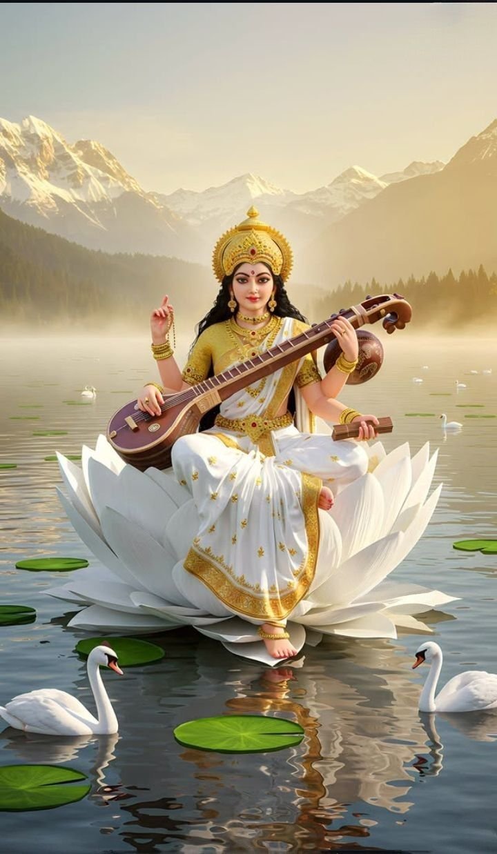 Saraswati Maa playing Veena on Lotus