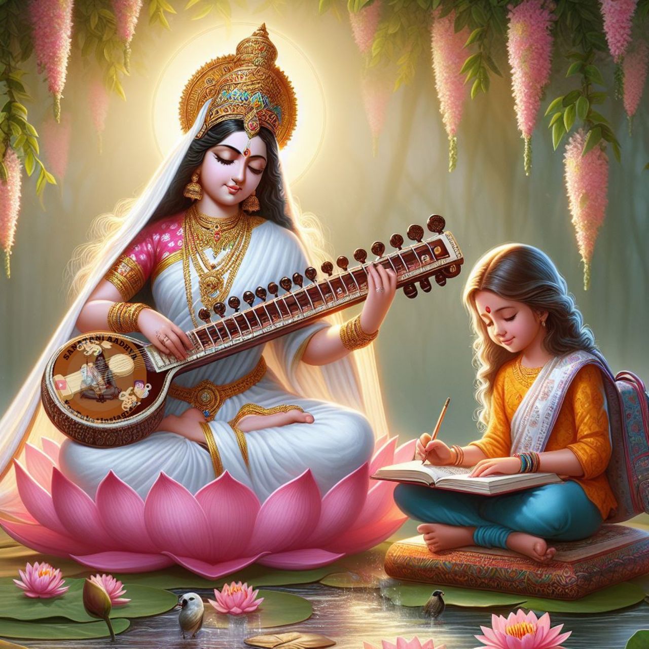 Saraswati Maa playing the veena beautifully.
