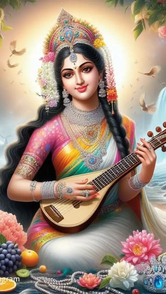 Saraswati Maa playing the veena, divine image