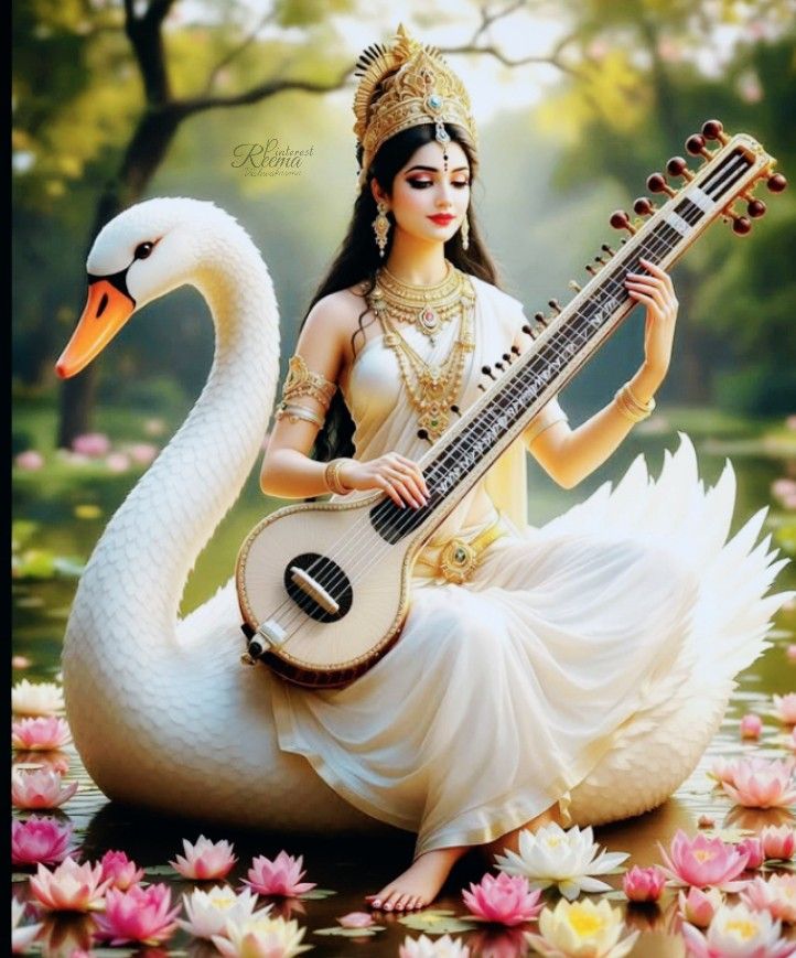 Saraswati Maa with veena and swan