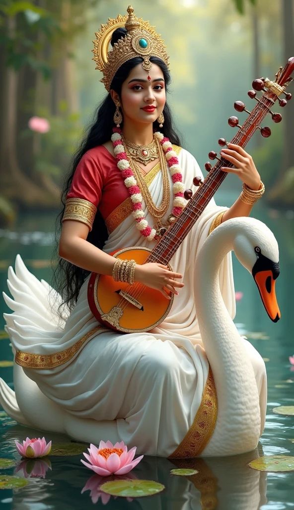 Saraswati Maa playing the veena on swan.