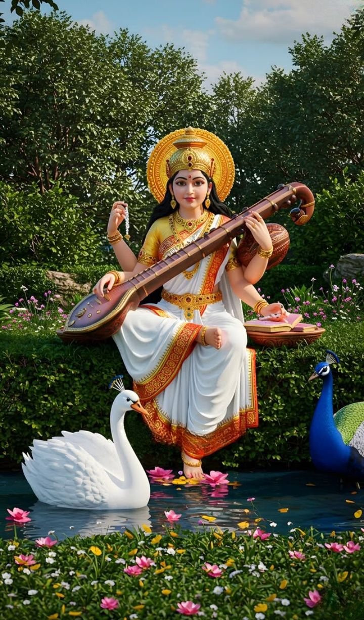 Saraswati Maa playing the veena with swans.