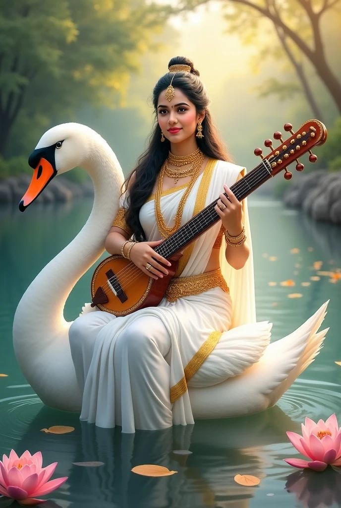 Saraswati Maa playing Veena on Swan