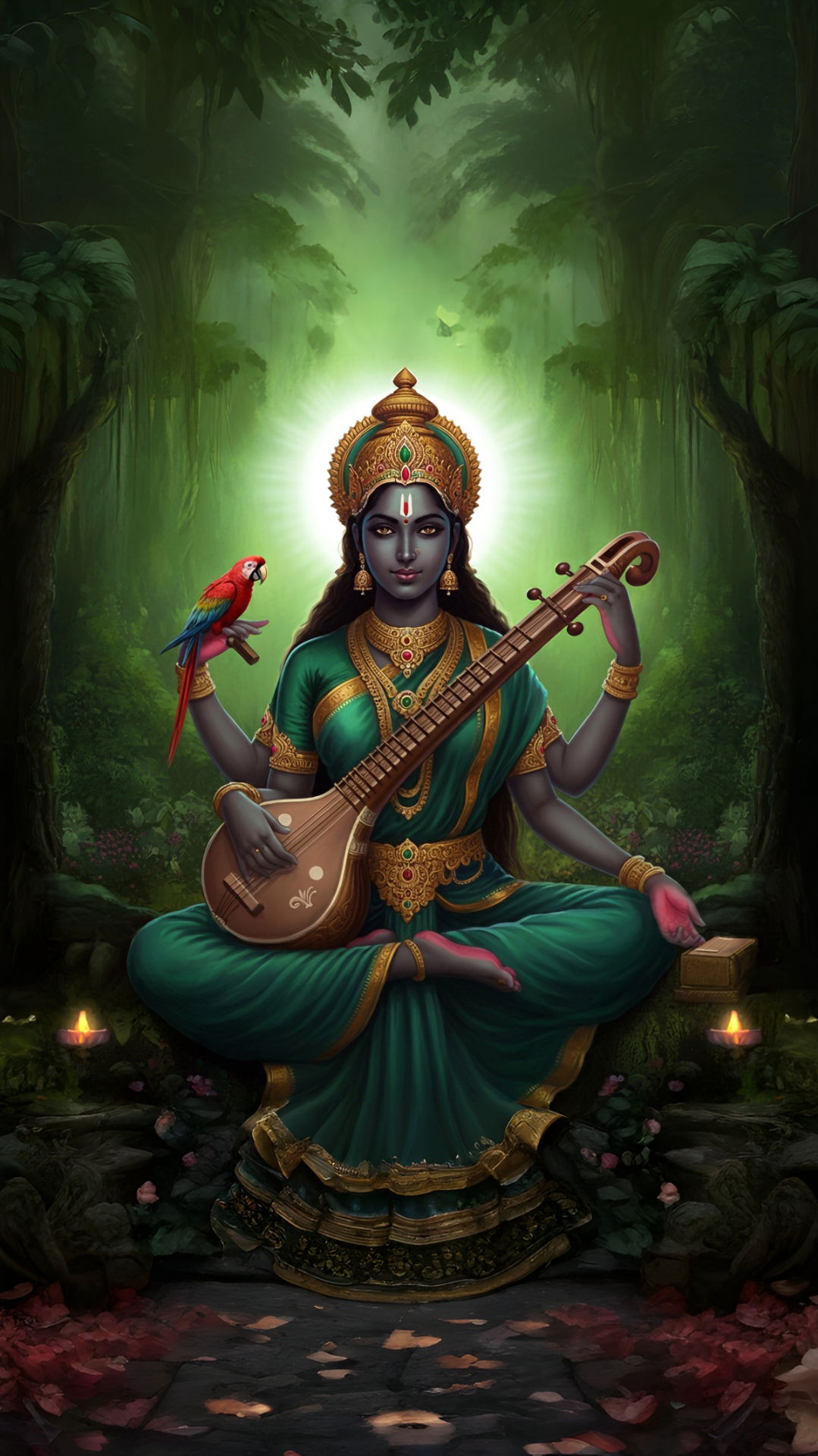 Saraswati Maa plays veena in forest.