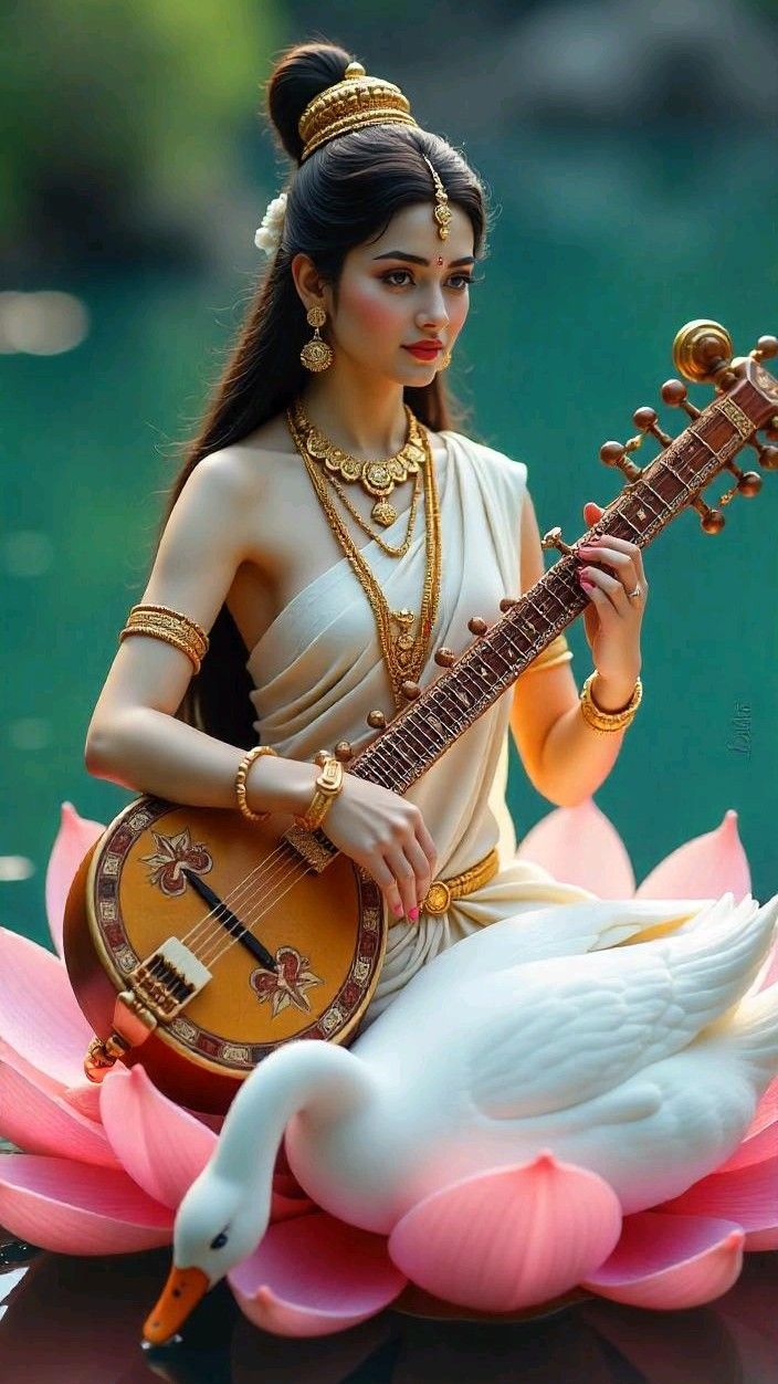 Saraswati Maa playing the Veena on Lotus