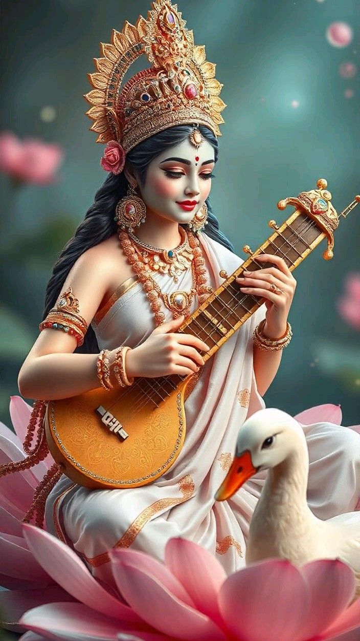 Saraswati Maa playing the veena with swan.