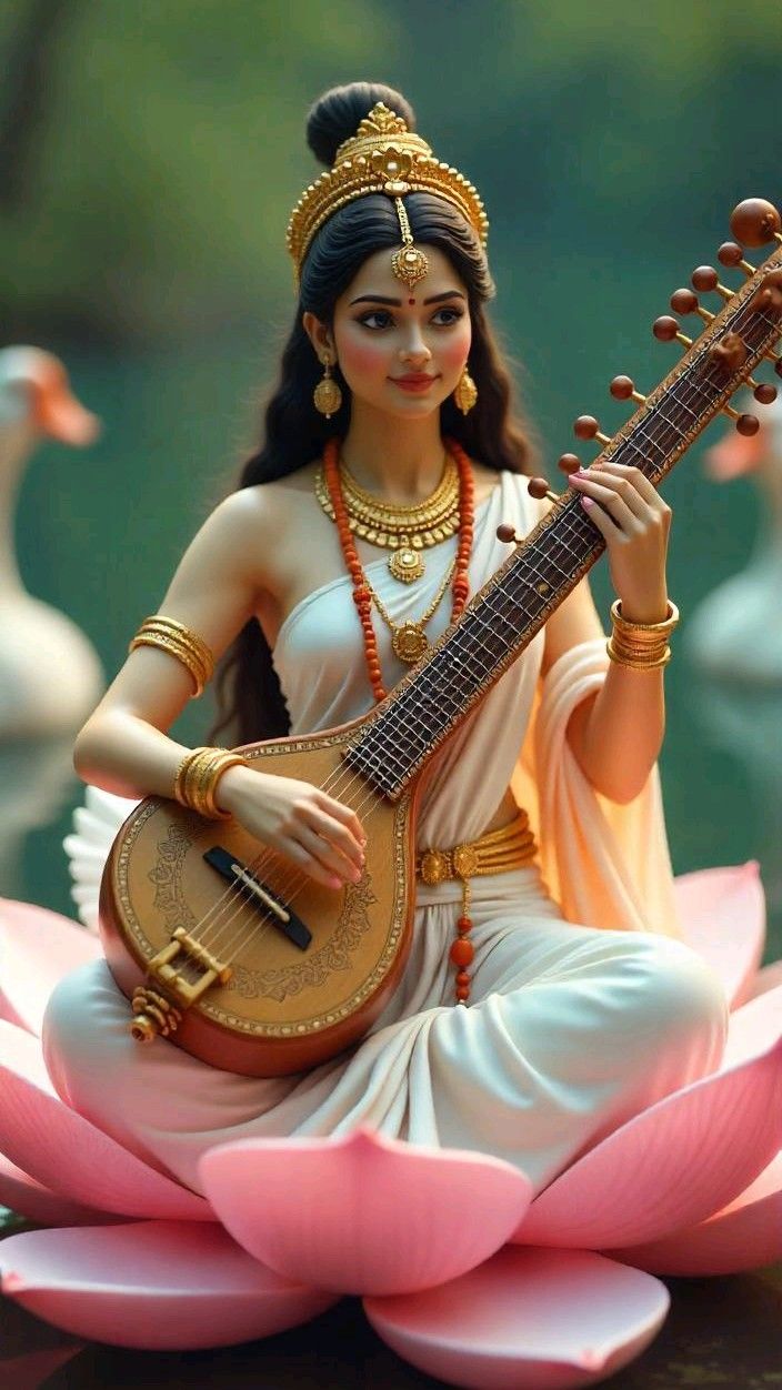 Saraswati Maa playing the veena on lotus