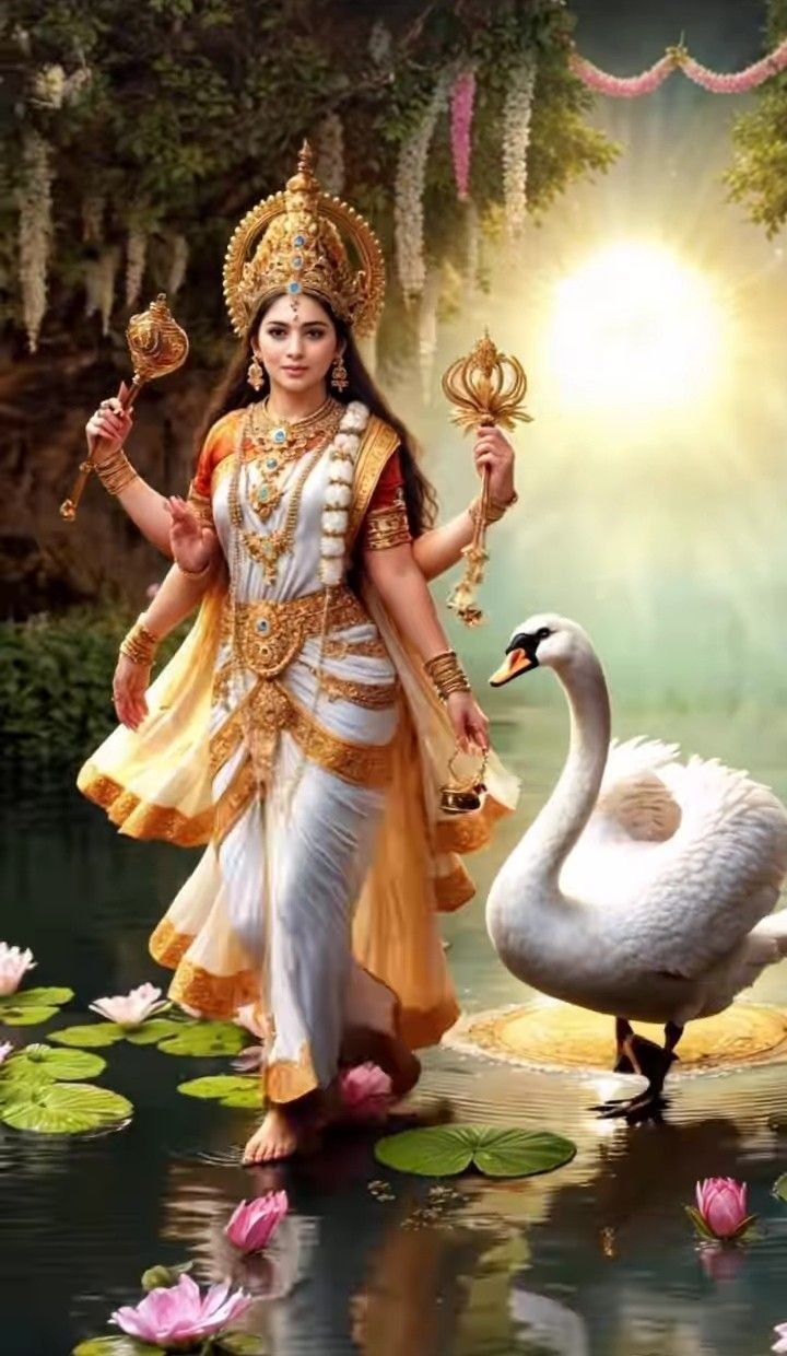 Saraswati Maa with veena and swan.
