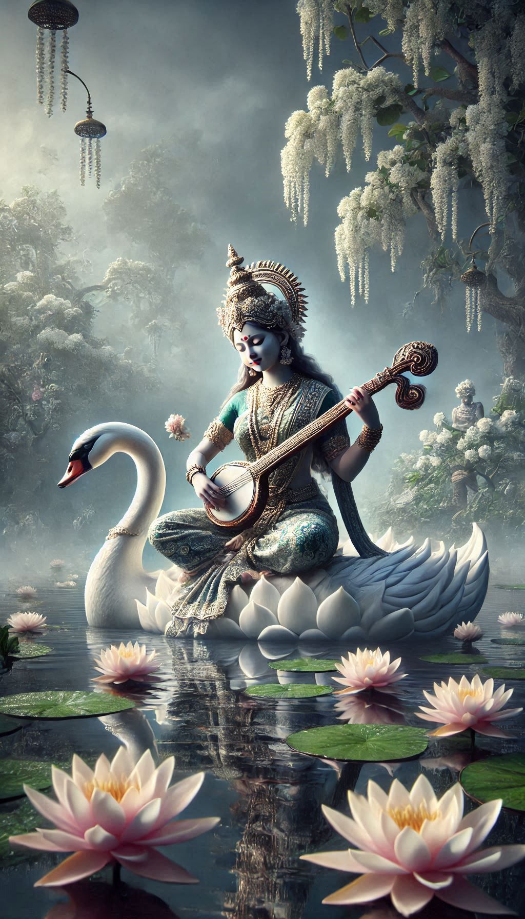 Saraswati Maa playing Veena on Swan