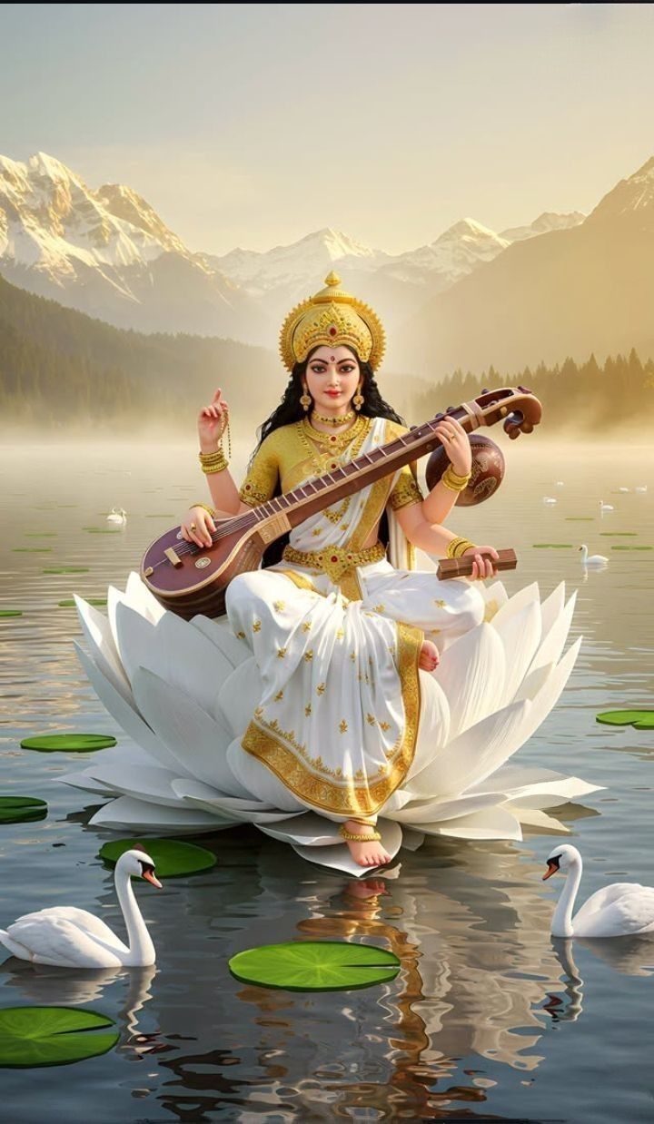 Saraswati Maa playing the veena on a lotus