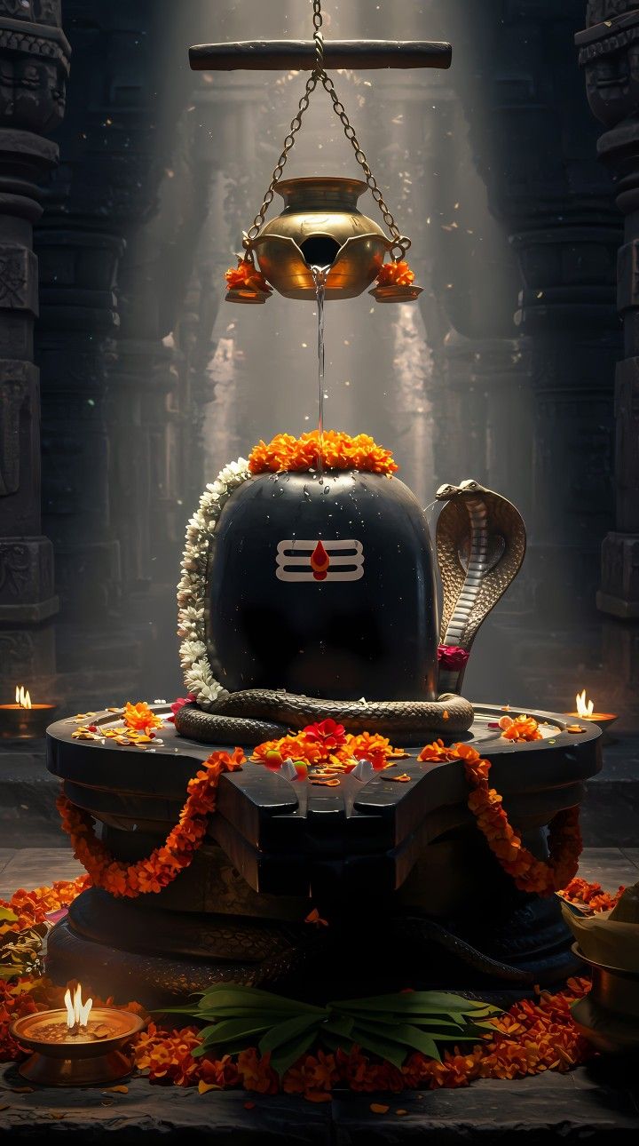 Shivalinga with water and floral offerings