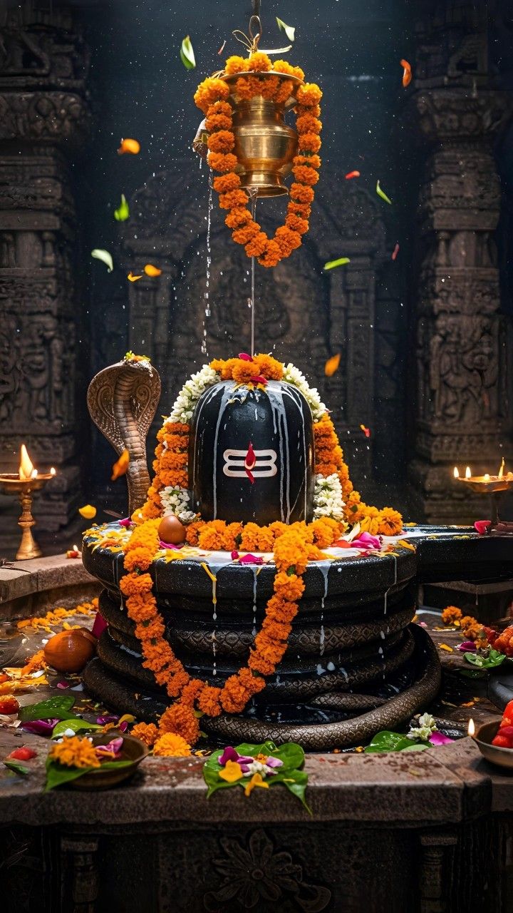 Shiva Lingam with flowers and water