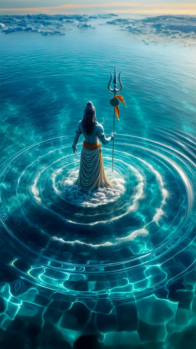 Shiva standing in a tranquil ocean