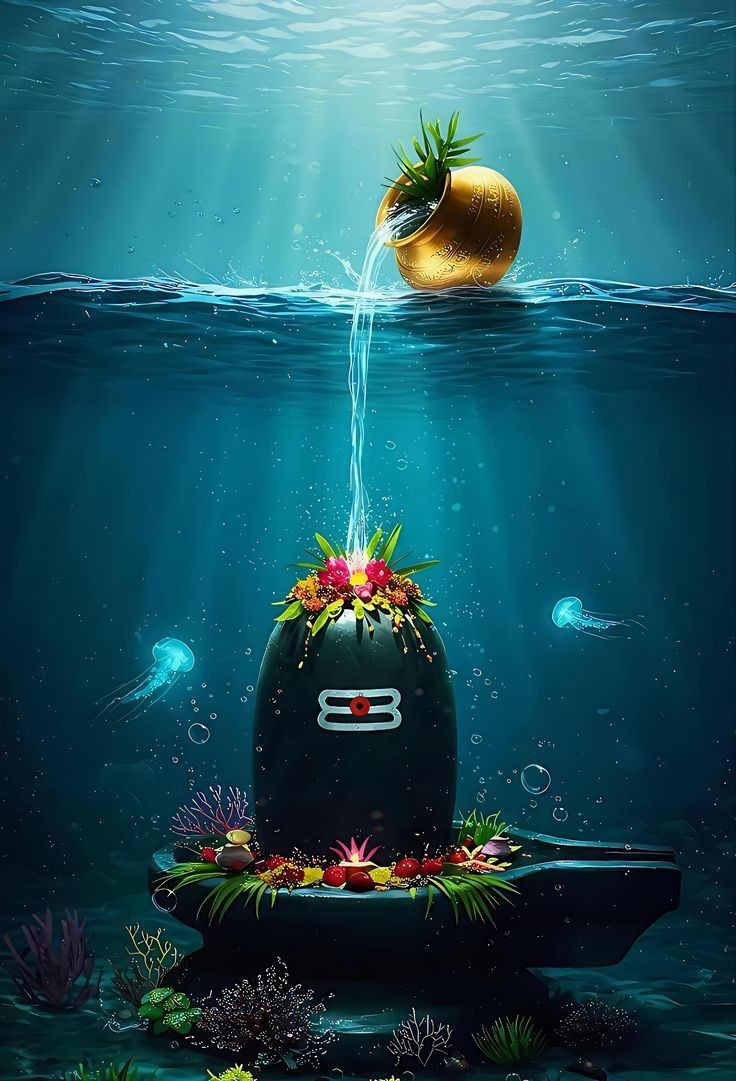 Underwater shiva linga, divine cosmic scene.