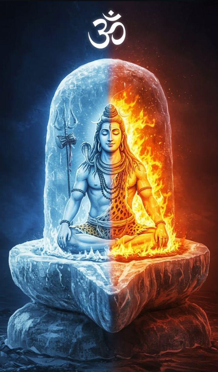 Meditating Shiva amidst fire and water