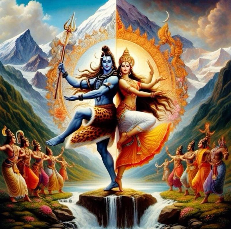 Shiva and Parvati dancing in Himalayas