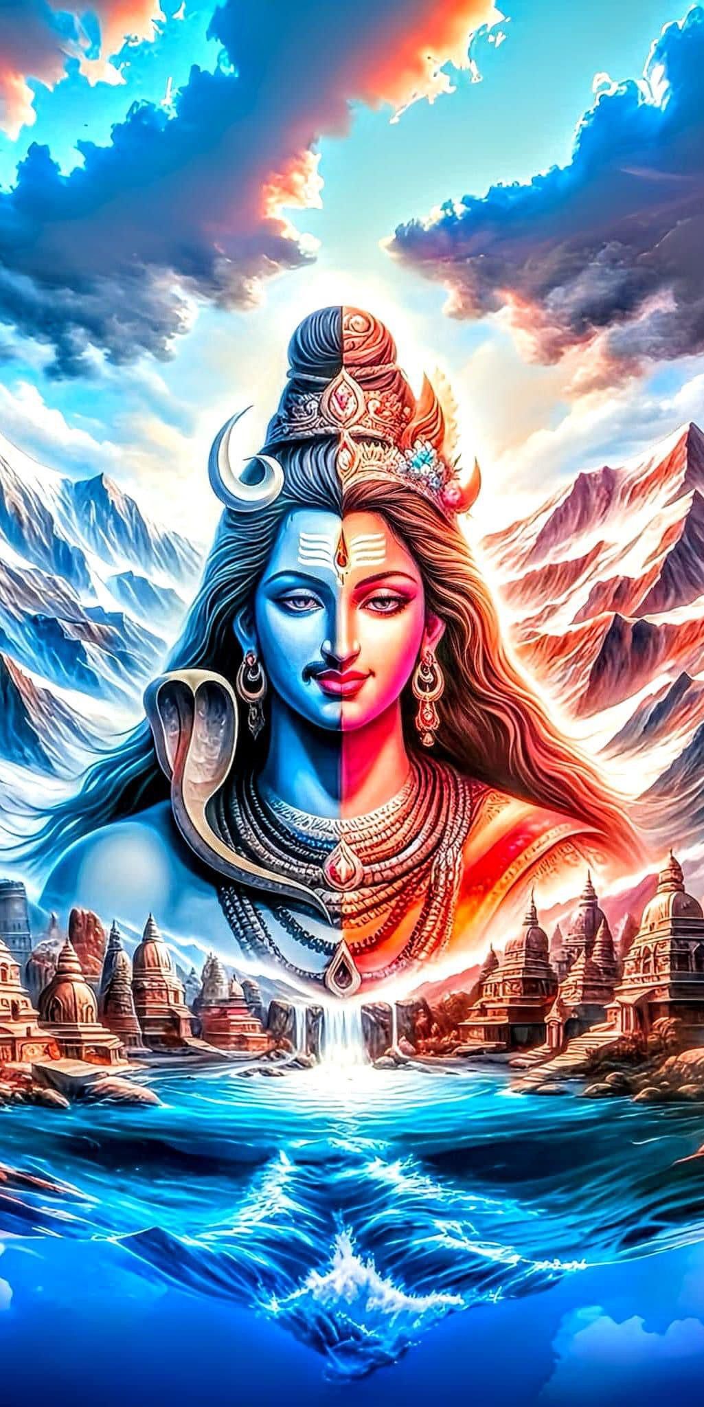 Shiva Ardhanarishvara portrait amidst mountains