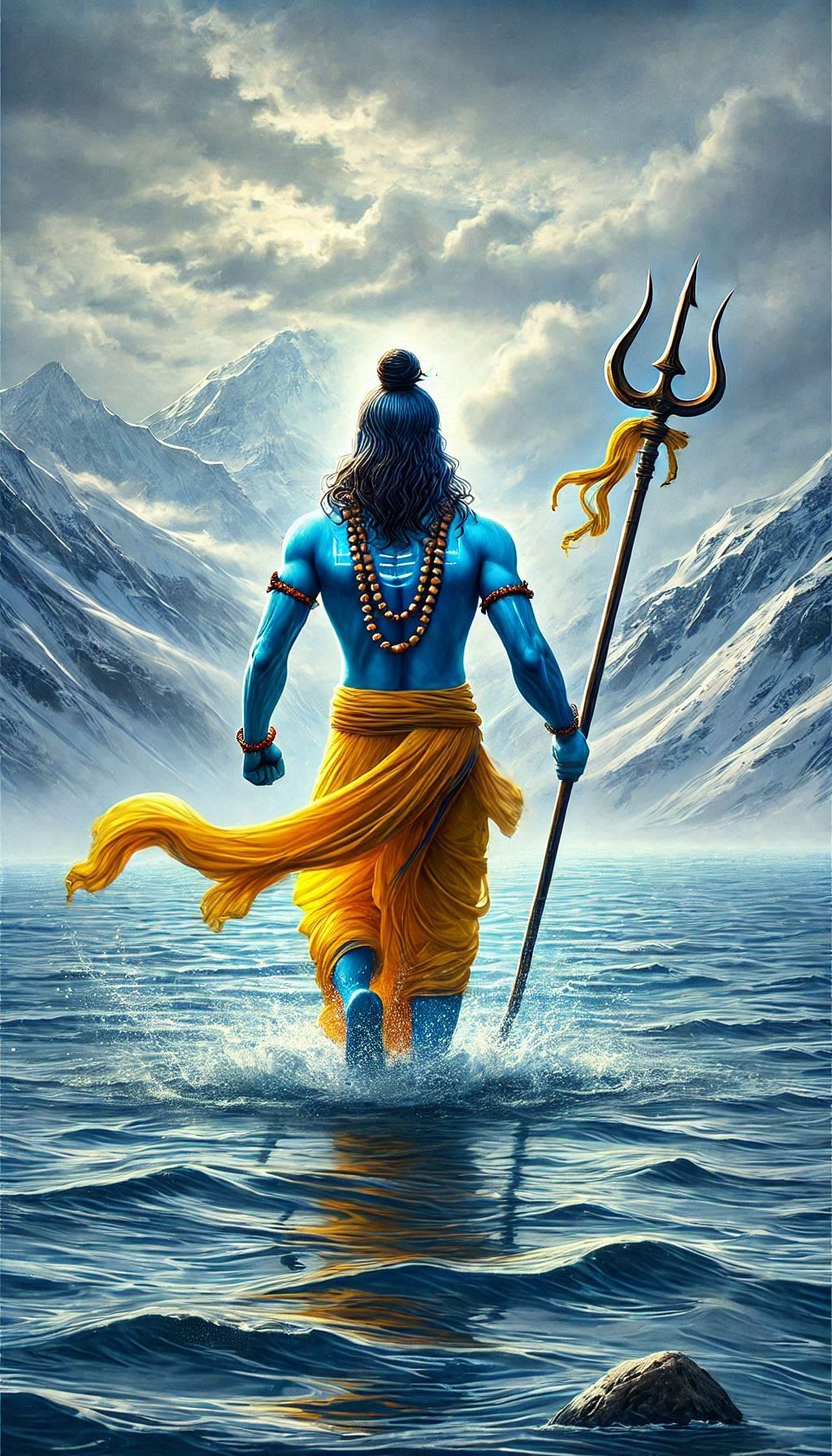 Shiva walking through mountainous waters