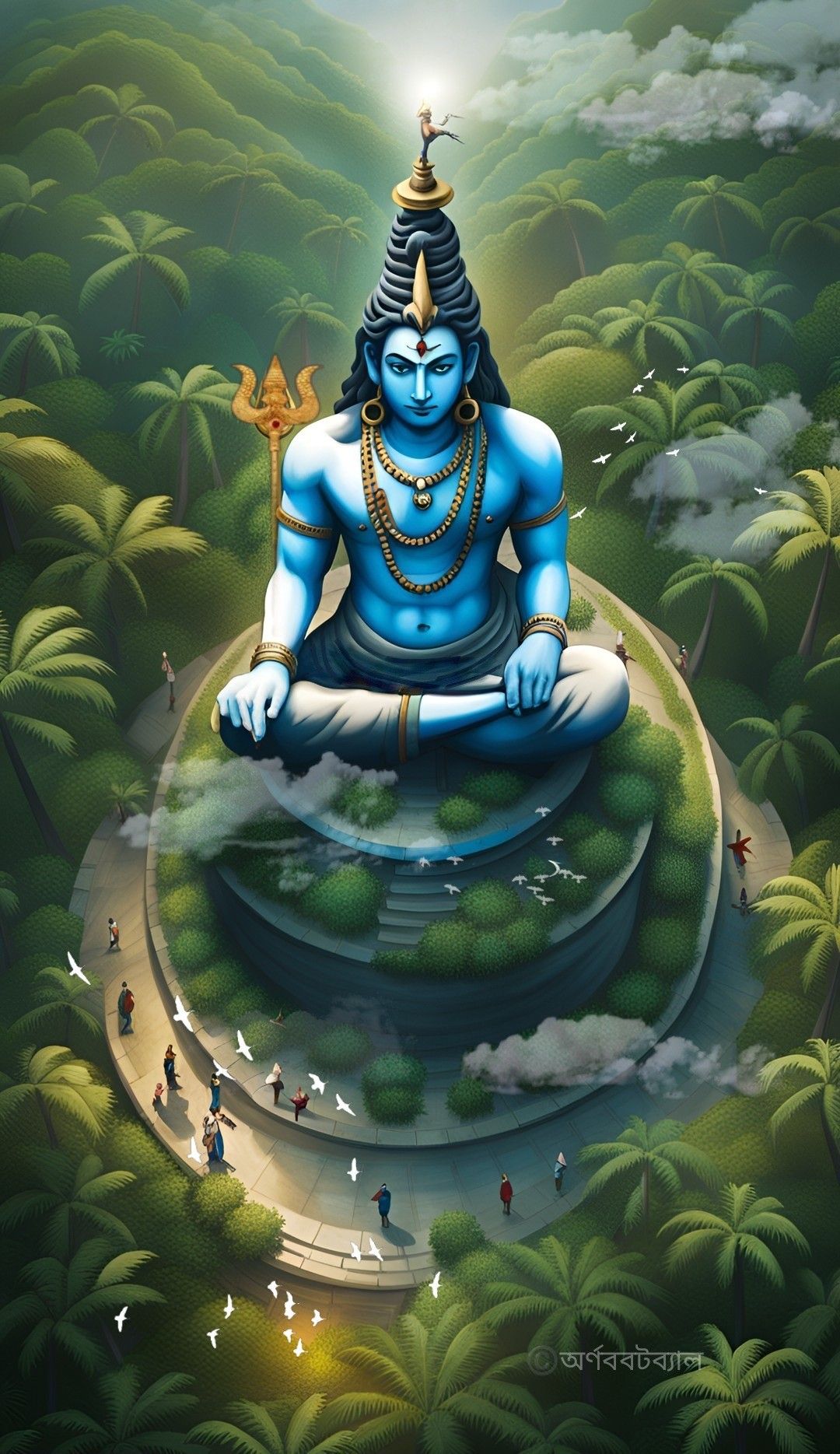 Meditating Shiva amidst lush forest scene