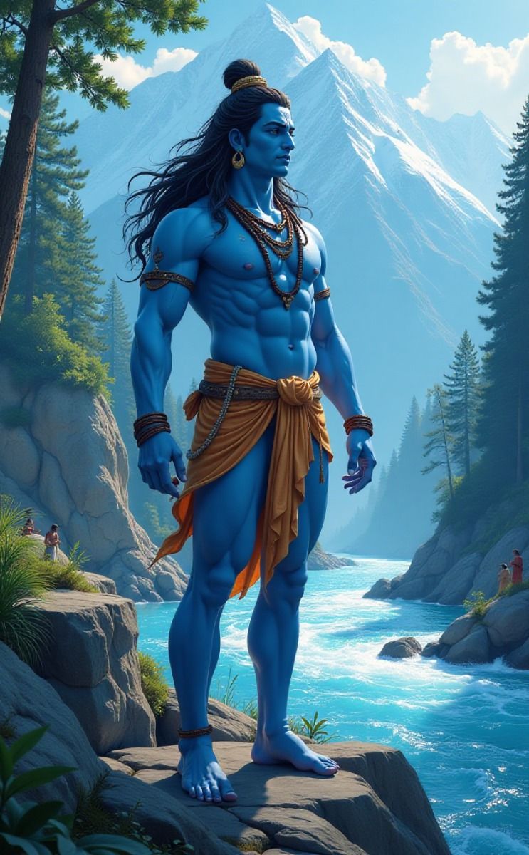 Blue-skinned Shiva stands in Himalayas