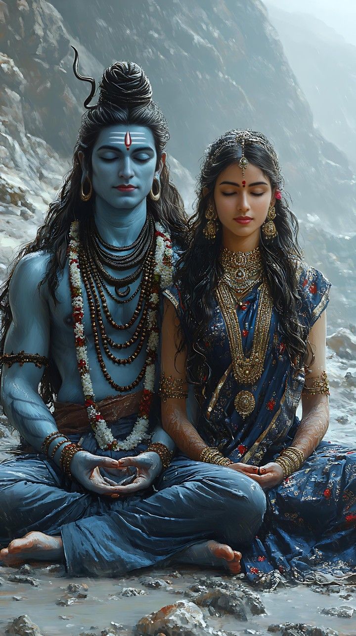 Shiva and Parvati in meditative pose.