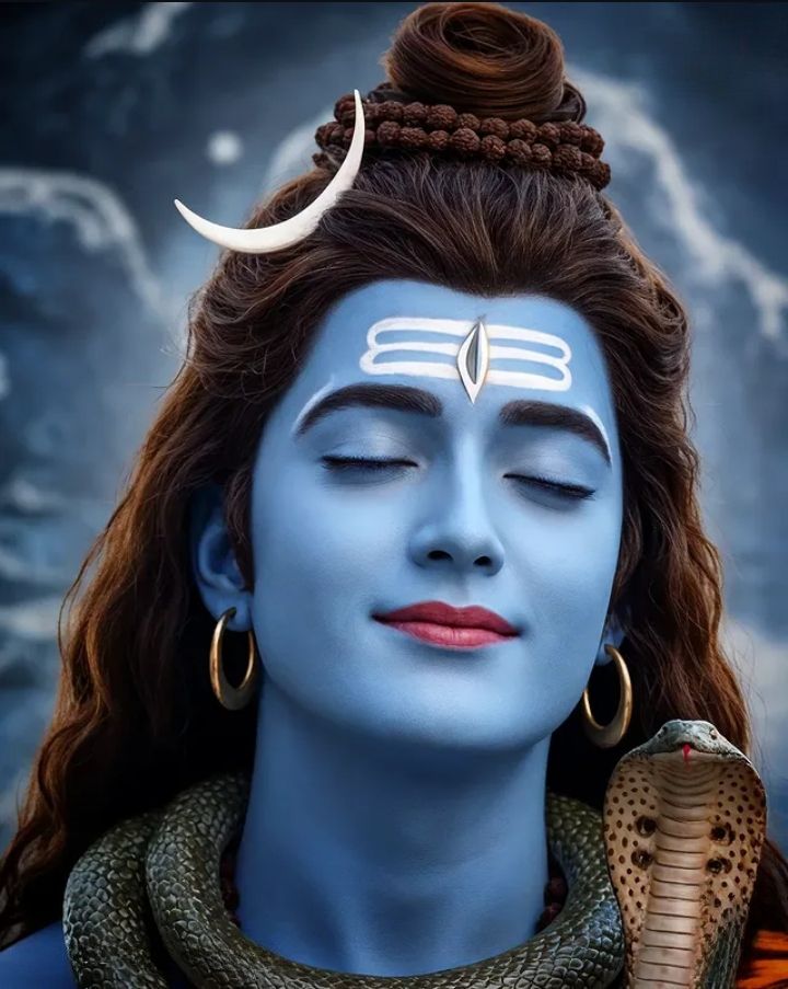 Blue-skinned Shiva with serpent and moon