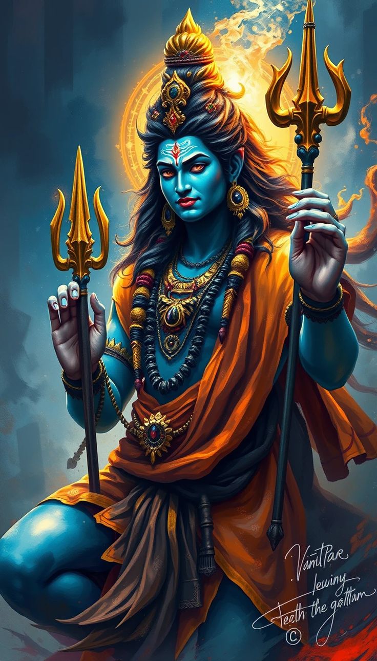 Powerful Shiva with Trishul, blue-skinned.